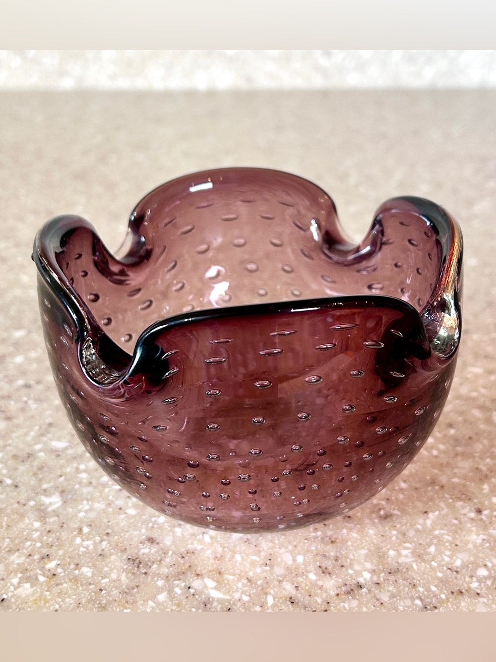 Vintage Murano Amethyst Plum Bullicante Art Glass Bowl Ashtray Hand Blown Italy
